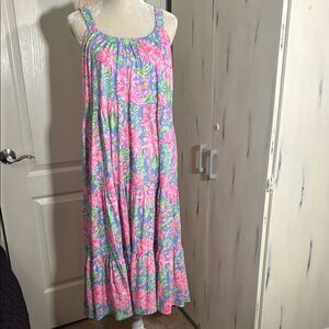 Lilly Pulitzer Loro Swing Maxi Dress Pink Blue Tropical Floral Cotton M